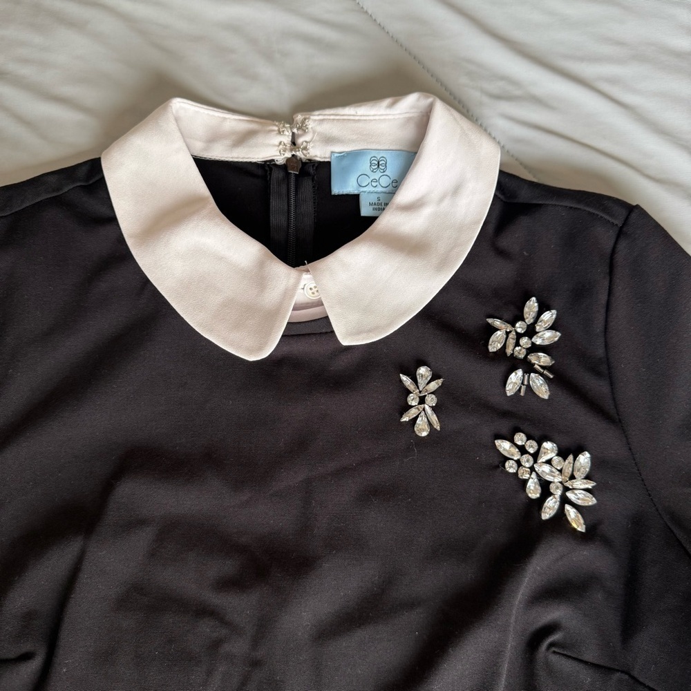 CeCe Black and White Blouse with Embellishments Rhinestone and Ruffle Sleeve - Picture 2 of 9